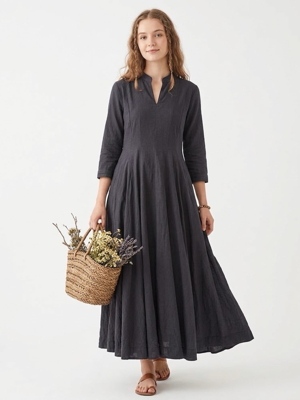 Minimalist 100% Cotton 3/4 Sleeve Fit and Flare Midi Dress Breathable Comfort